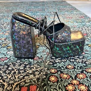 DECLAN LACE UP SQUARE PEEP TOE PLATFORM HEEL IN BLACK HOLOGRAPHIC FAUX LEATHER